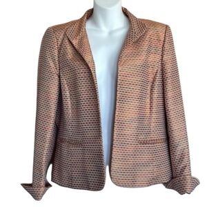 ELLEN TRACY Blazer, gold rust tweed, open, slit pockets, turn back cuff. 10